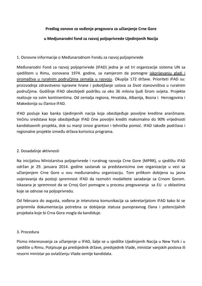 Предлог основе за вођење преговора за учлањење Црне Горе у Међународни фонд за развој пољопривреде Уједињених нација (за верификацију)