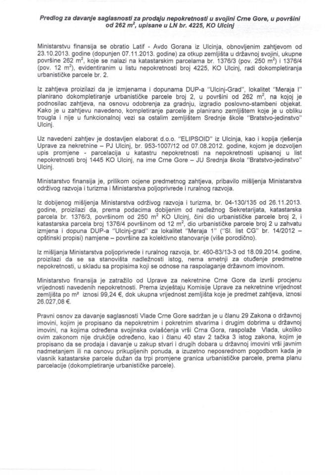 Predlog za davanje saglasnosti za prodaju nepokretnosti u svojini Crne Gore, površine 262 m2, upisane u LN broj 4225, KO Ulcinj (za verifikaciju)
