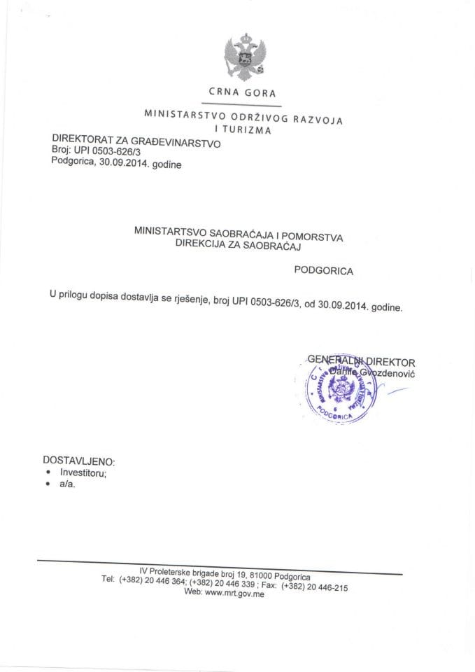 UPI 0503_626_3 Ministarstvo saobracaja i pomorstva Direkcija za saobracaj