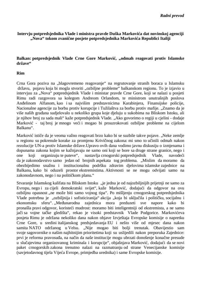 Intervju potpredsjednika Vlade i ministra pravde Duska Markovica dat italijanskoj agenciji Nova