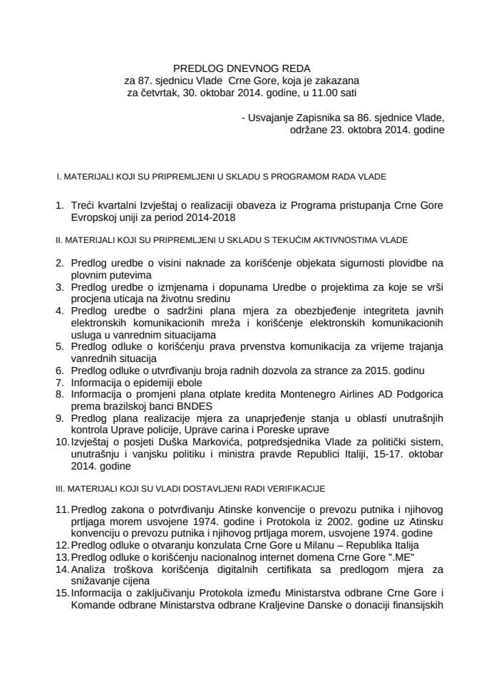Predlog dnevnog reda za 87. sjednicu Vlade Crne Gore