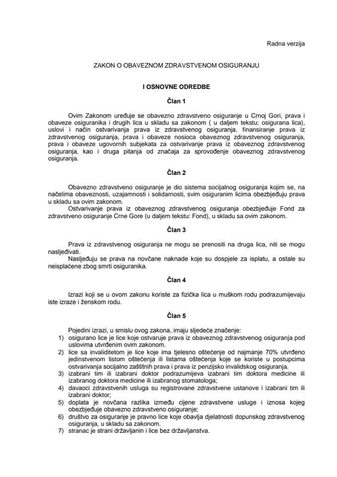 Radna verzija ZAKONA O OBAVEZNOM ZDRAVSTVENOM OSIGURANJU
