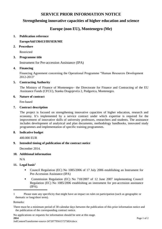 najavu ugovora o uslugama „Jačanje inovativnih kapaciteta visokog obrazovanja i nauke“.doc