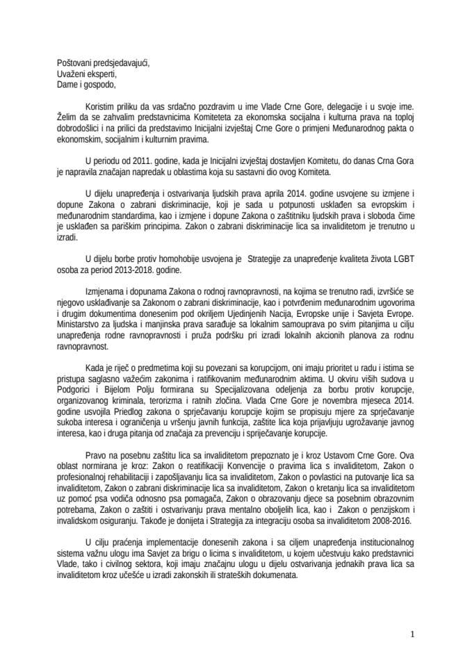 Govor  Arijana Nikoli-Vučinić, šef delegacije CG - Ženeva 13.11.2014