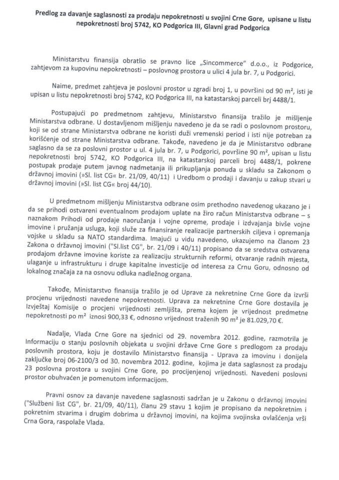 Predlog za davanje saglasnosti za prodaju nepokretnosti u svojini Crne Gore, upisane u listu nepokretnosti broj 5742, KO Podgorica III, Glavni grad Podgorica (za verifikaciju)