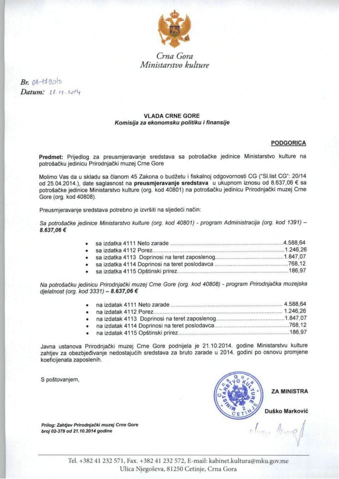 Predlog za preusmjerenje sredstava sa potrošačke jedinice Ministarstvo kulture na potrošačku jedinicu Prirodnjački muzej Crne Gore (za verifikaciju)