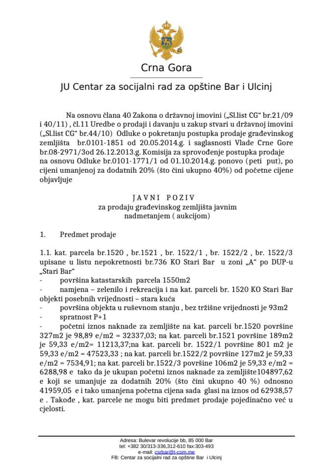 Javni Poziv za prodaju građevinskog zemljišta javnim nadmetanjem