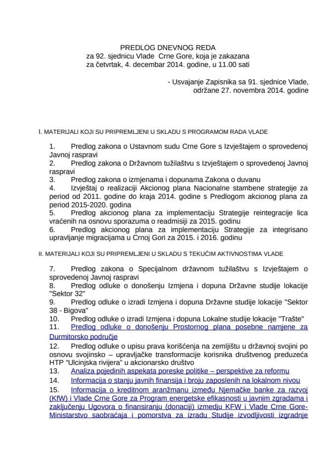 Predlog dnevnog reda za 92. sjednicu Vlade Crne Gore