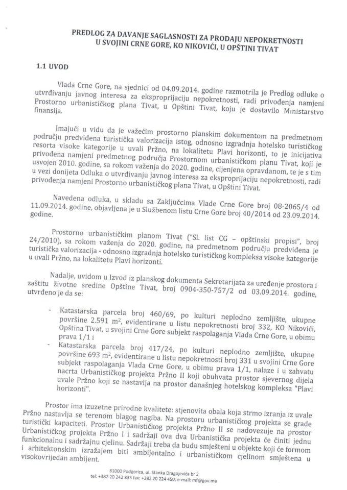 Predlog za davanje saglasnosti za prodaju nepokretnosti u svojini Crne Gore, KO Nikovici, u Opstini Tivat  	