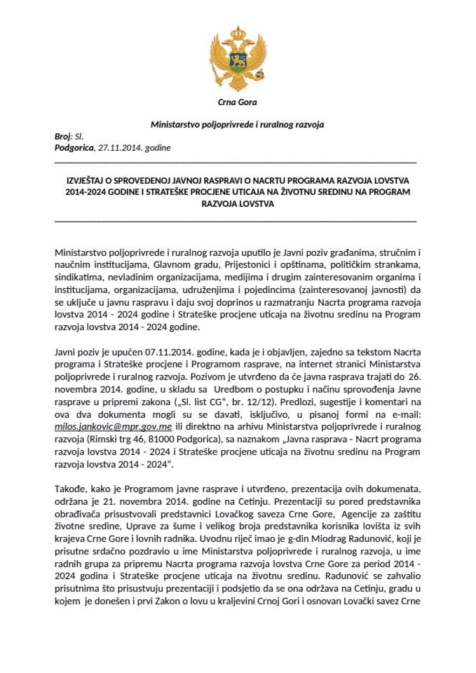 Izvjestaj o sprovedenoj javnoj raspravi za Program razvoja lovstva i SPU 