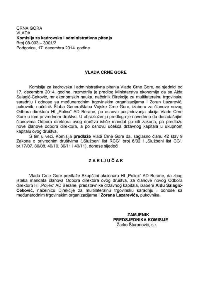 Предлог закључка о избору чланова Одбора директора ХИ „Полиеx“ АД Беране