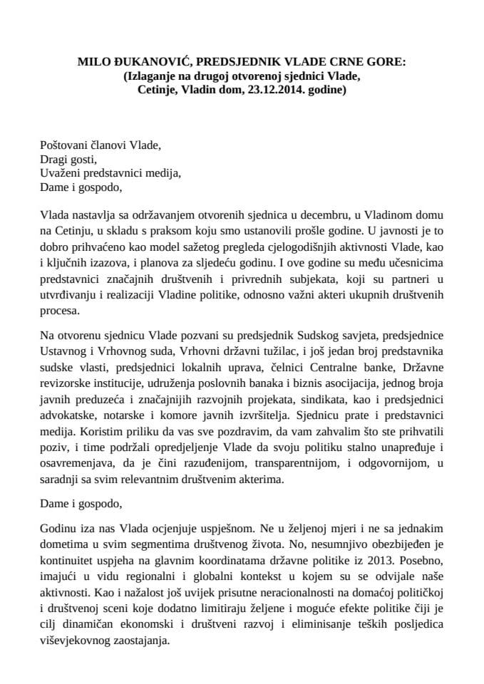 Govor predsjednika Vlade Mila Đukanovića na drugoj otvorenoj sjednici Vlade - Cetinje, 23.12.2014.