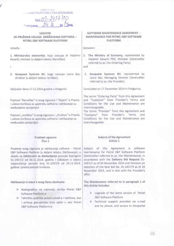 Ugovor za pružanje usluga održavanja softvera - Petrel E&P Softvare Platform