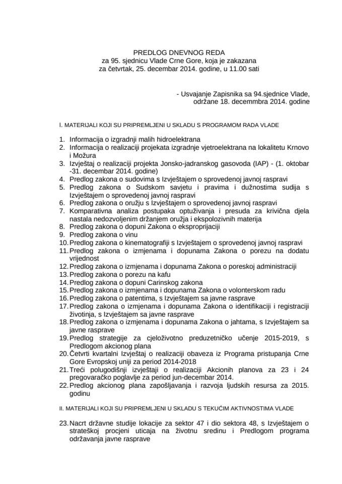Predlog dnevnog reda za 95. sjednicu Vlade Crne Gore