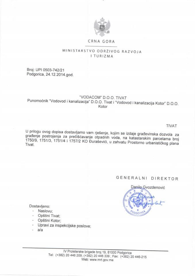 UPi 0503_742_21 Vodakom doo Tivat punomocnik Vodovod i kanalizacija doo Tivat i Vodovod i kanalizacija kotor doo