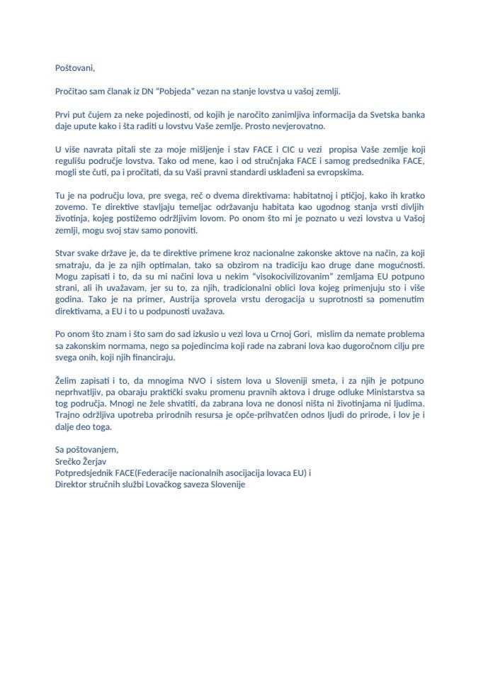 Reagovanje Srečka Žerjava na tvrdnje Komara u Pobjedi