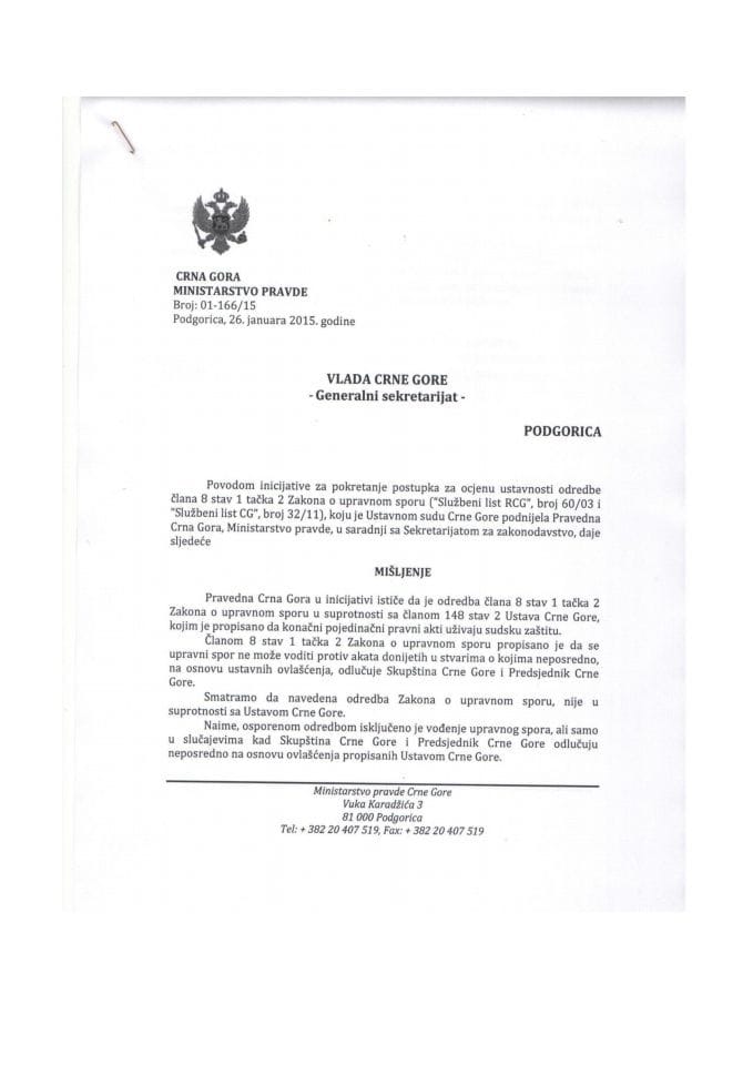 Predlog mišljenja na Inicijativu za pokretanje postupka za ocjenjivanje ustavnosti odredbe člana 8 stav 1 tačka 2 Zakona o upravnom sporu, koju je podnijela Pravedna Crna Gora (za verifikaciju)