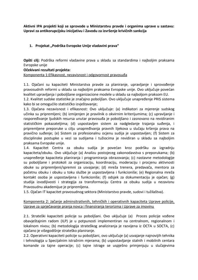 Aktivni IPA projekti koji se sprovode u Ministarstvu pravde i organima uprave u sastavu
