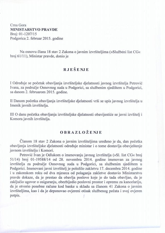 Rješenje o određivanju početka obavljanja izvršiteljske djelatnosti javnog izvršitelja Ivana Petrovića
