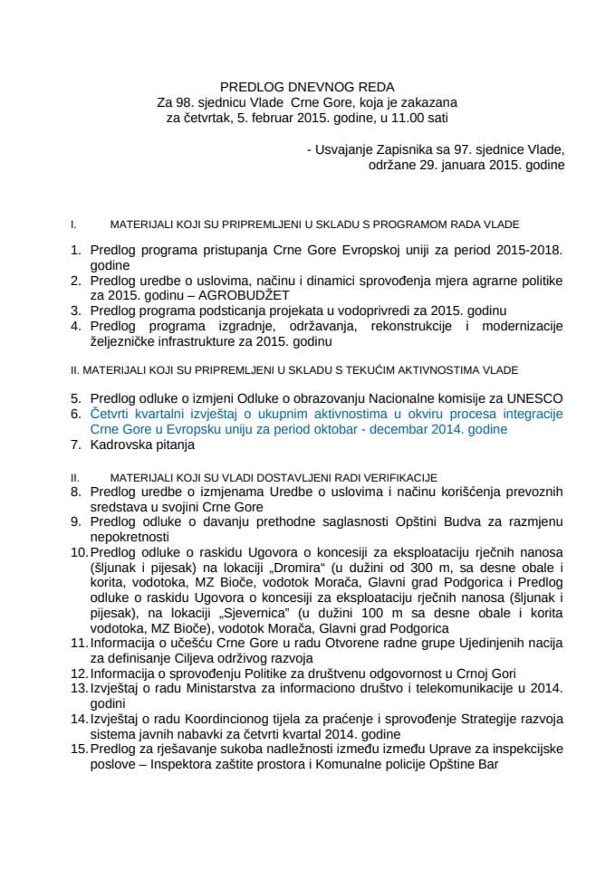 Predlog dnevnog reda za 98. sjednicu Vlade Crne Gore