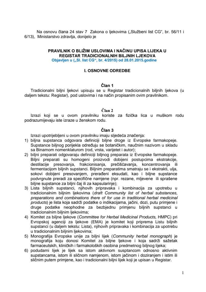 Pravilnik o bližim uslovima i načinu upisa lijeka u registar tradicionalnih biljnih ljekova