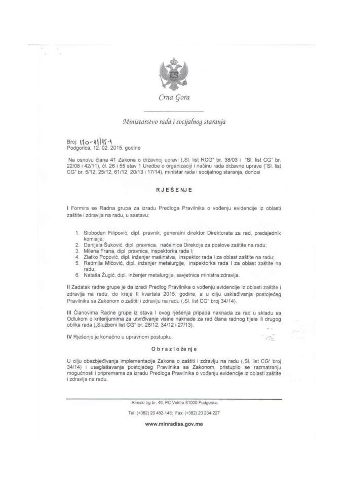 Riješenje o formiranju Radne grupe