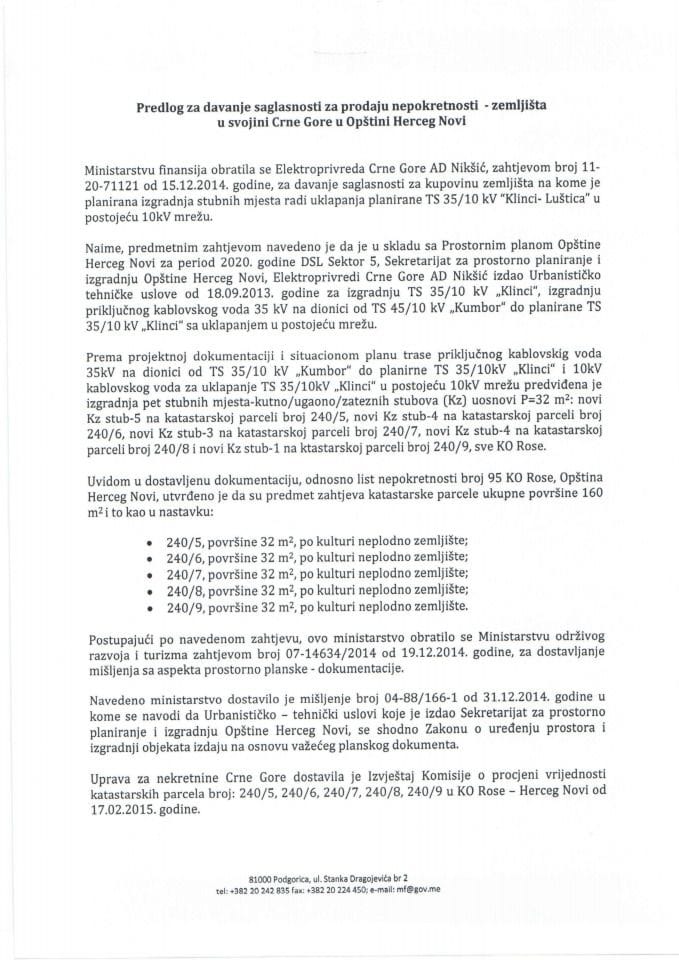 Predlog za davanje saglasnosti za prodaju nepokretnosti - zemljišta u svojini Crne Gore u Opštini Herceg Novi (za verifikaciju) 