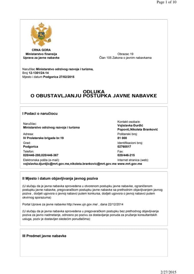 Odluka o obustavljanju postupka javne nabavke za nabavku usluga izrade Prostornog plana posebne namjene, Strateške procjene uticaja na životnu sredinu i Studije zaštite kulturnih dobara za prostorni p