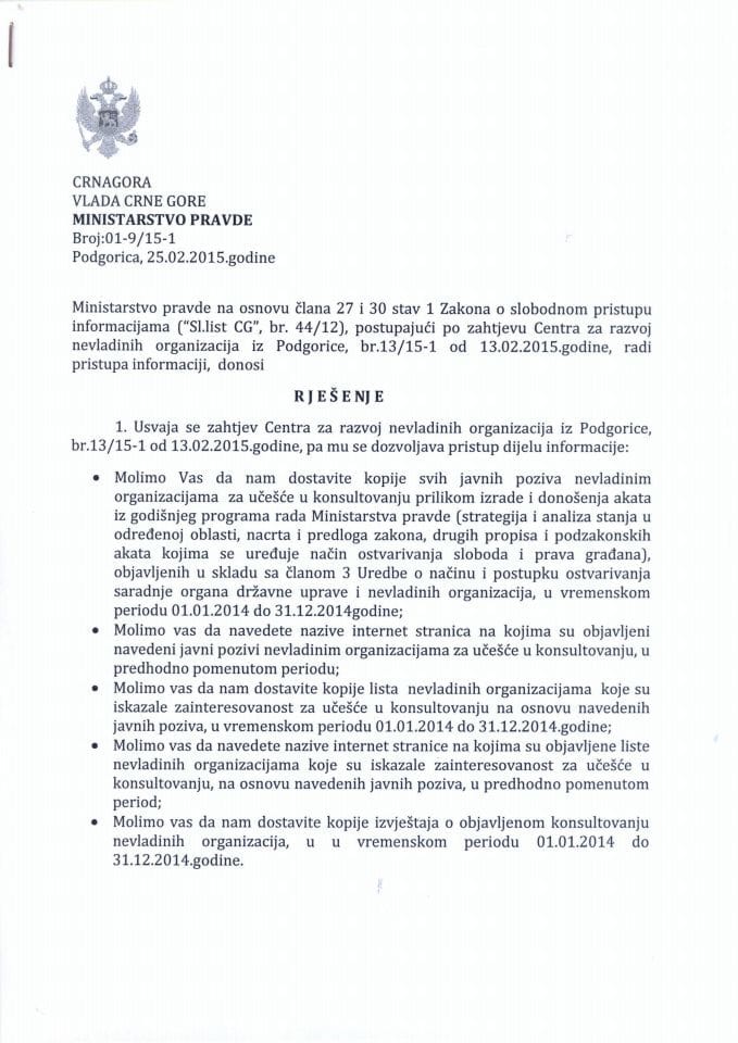 Slobodan pristup informacijama -Rješenje br.01-9/15-1