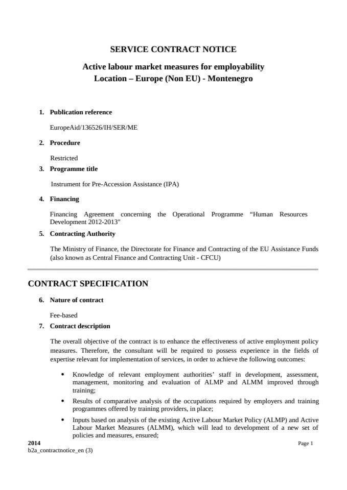 Contract Notice Active labour market measures for employability