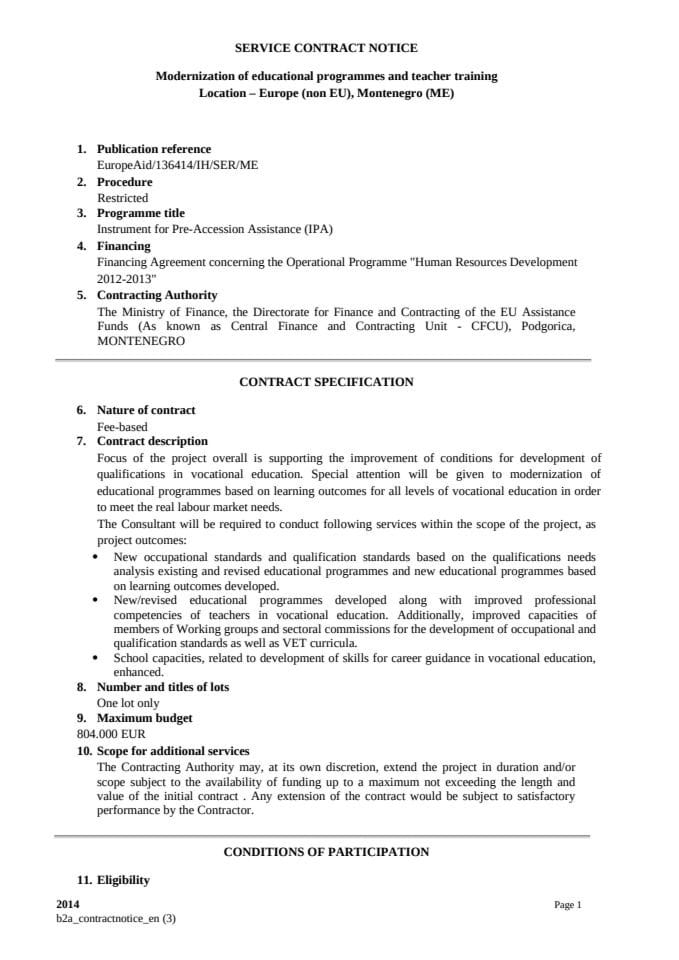 Obavještenje o javnim nabavkama Modernizacija obrazovnih programa i obuke nastavnika