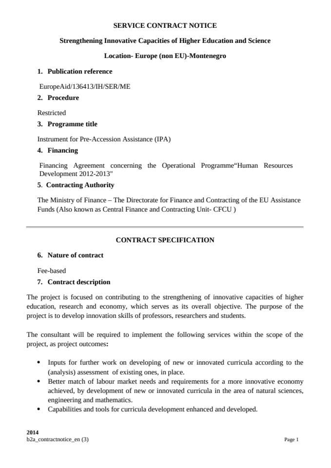 Contract Notice Strengthening innovative capacities of higher education and science