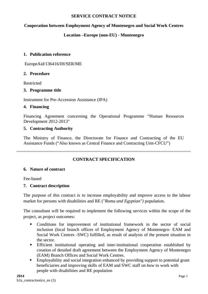 Contract Notice Cooperation between Employment Agency of Montenegro and Social Work Centres