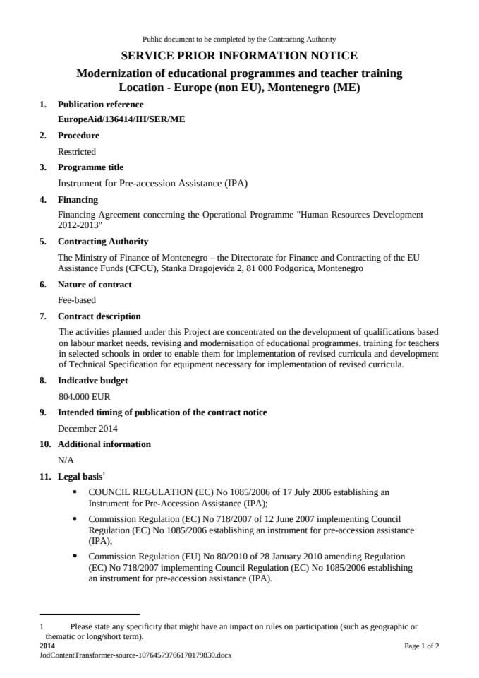 Prior information notice for service contract