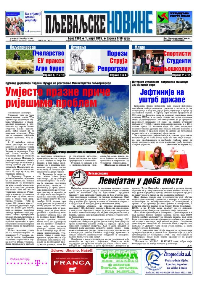 Pljevaljske novine 1.mart Radoš Šućur