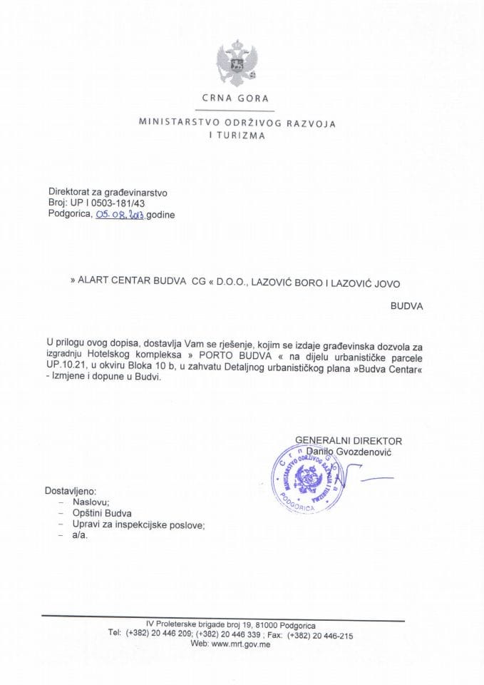 UP I 0503_181_43 Alart Centar Budva CG d.o.o. Lazovic Boro i Lazovic Jovo