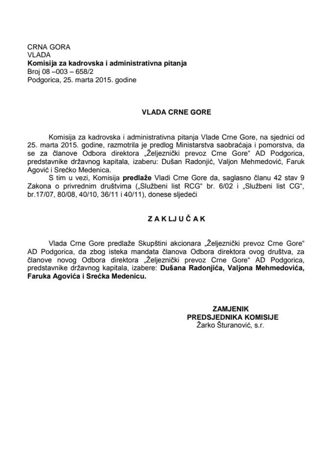 Предлог закључка о избору чланова Одбора директора „Жељезнички превоз Црне Горе“ АД Подгорица