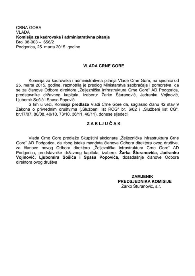 Предлог закључка о избору чланова Одбора директора „Жељезничка инфраструктура Црне Горе“ АД Подгорица