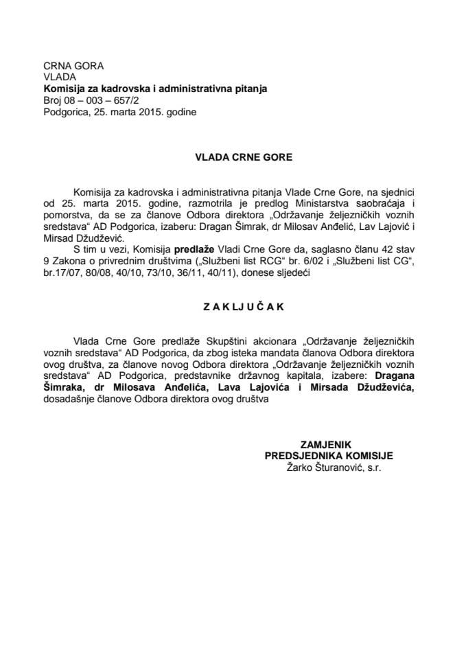 Predlog zaključka o izboru članova Odbora direktora „Održavanje željezničkih voznih sredstava“ AD Podgorica 	