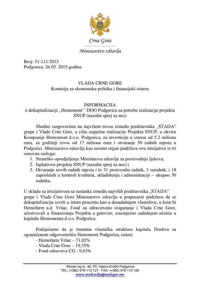 Informacija o dokapitalizaciji "Hemomont" d.o.o. Podgorica za potrebe realizacije Projekta SNUP (nazalni sprej za nos)