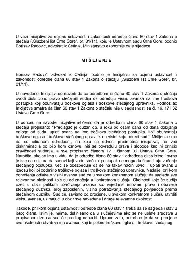 Predlog mišljenja na Inicijativu za pokretanje postupka za ocjenu ustavnosti i zakonitosti odredbe člana 60 stav 1 Zakona o stečaju