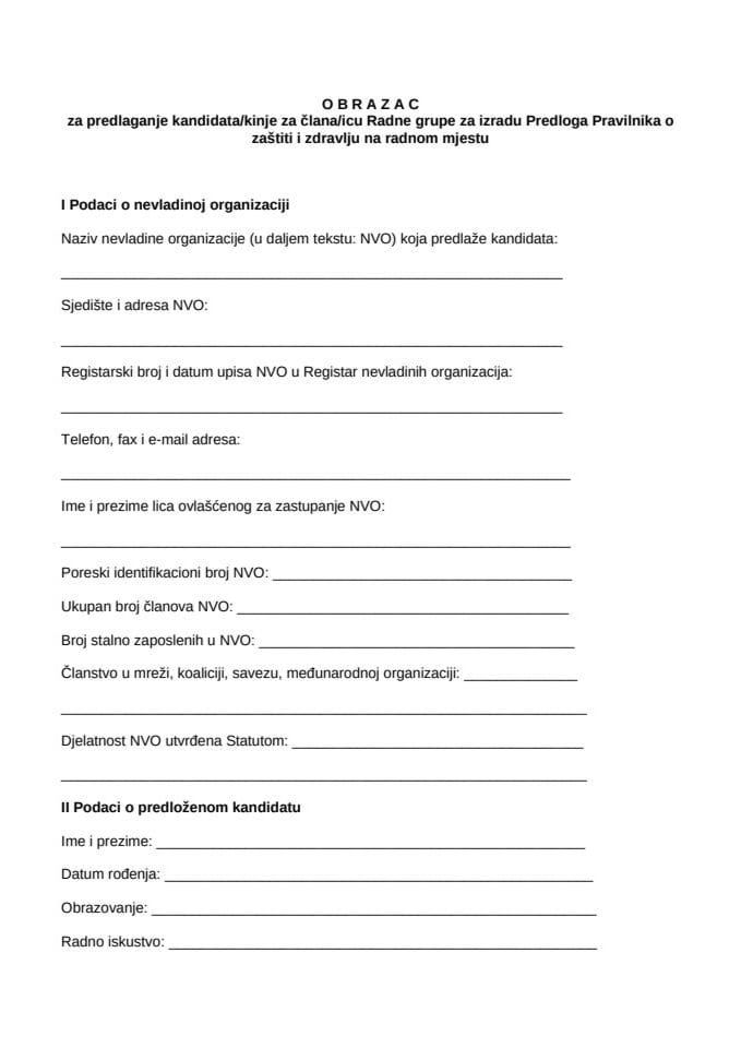 OBRAZAC-Predloga Pravilnika o zaštiti i zdravlju na radnom mjestu