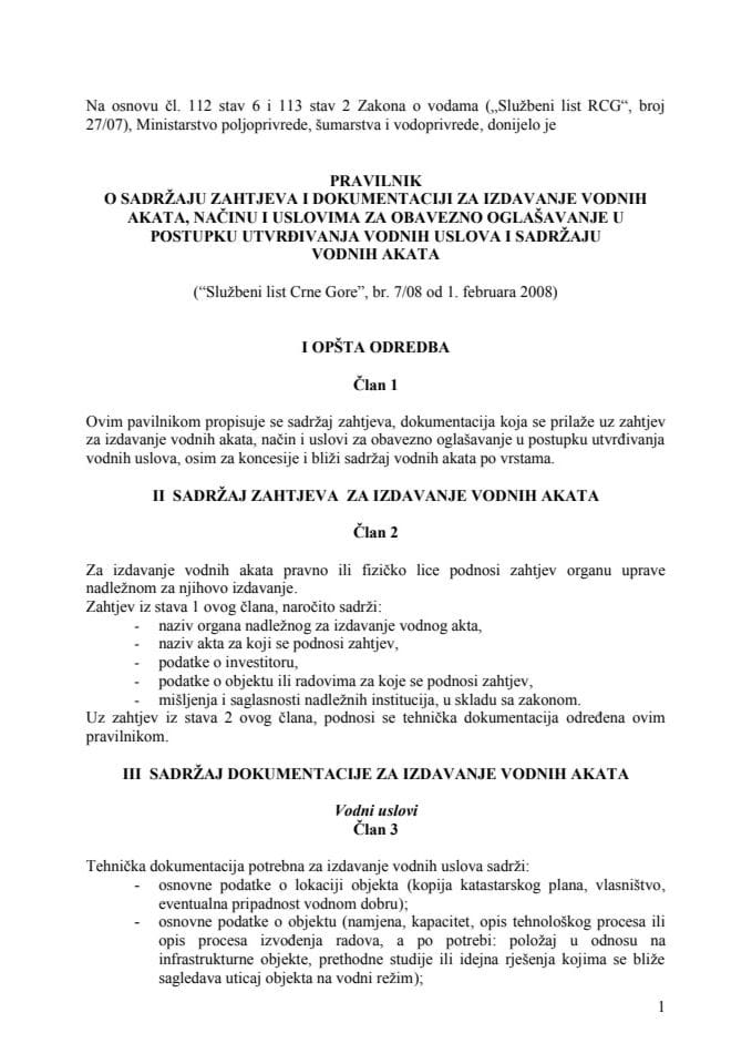 Pravilnik o sadržaju zahtjeva i dokumentaciji za izdavanje vodnih akata načinu i uslovima za obavezno oglašavanje u postupku utvrđivanja vodnih uslova i sad