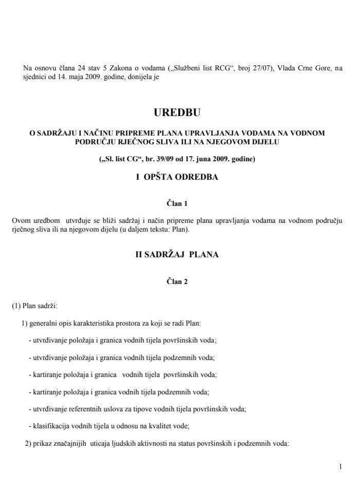 Uredba o sadržaju i načinu pripreme plana upravljanja vodama na vodnom području rječnog sliva ili na njegovom dijelu