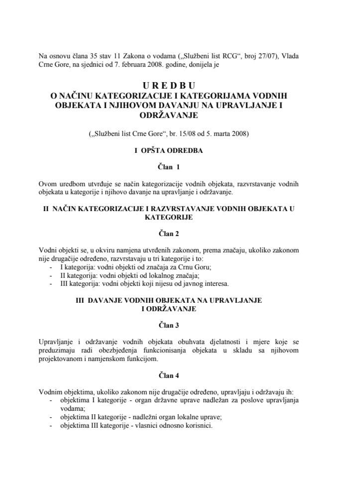 Uredba o načinu kategorizacije i kategorijama vodnih objekata i njihovom davanju na upravljanje i održavanje