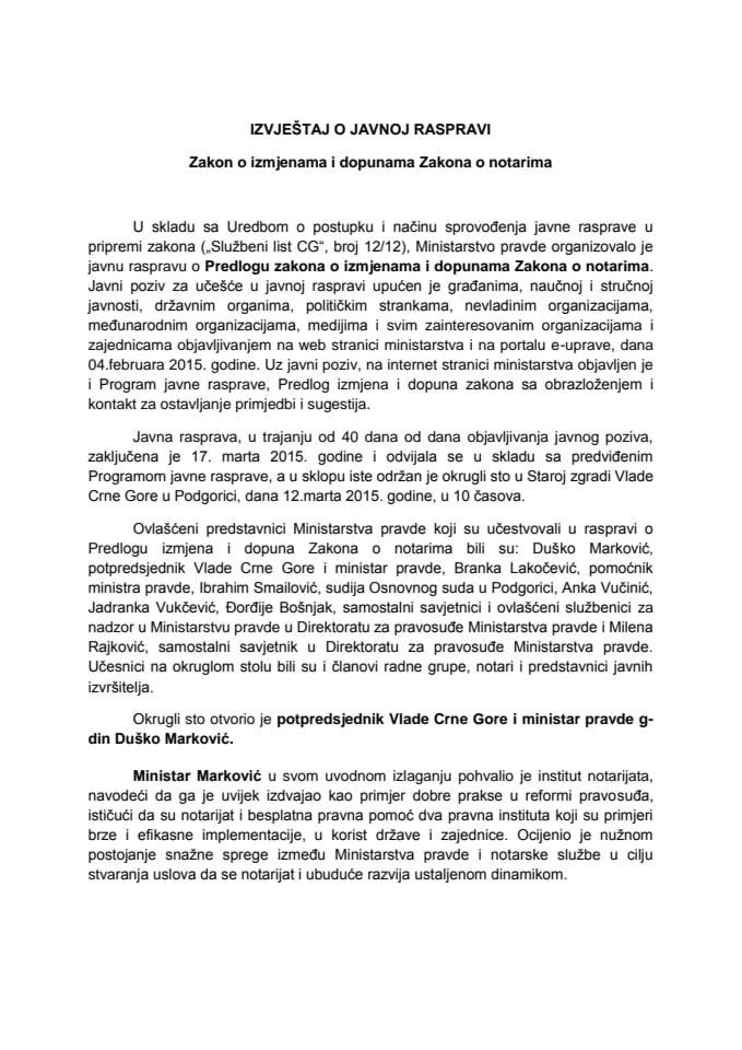 Извјештај о Јавној расправи - Предлог Закона о измјенама и допунама Закона о нотарима