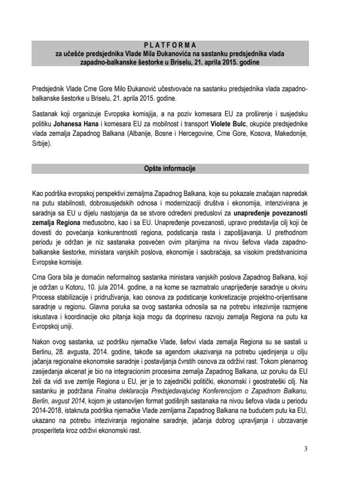 Predlog platforme za učešće predsjednika Vlade Mila Đukanovića na sastanku predsjednika vlada zapadno-balkanske šestorke u Briselu, 21. aprila 2015. godine (za verifikaciju)