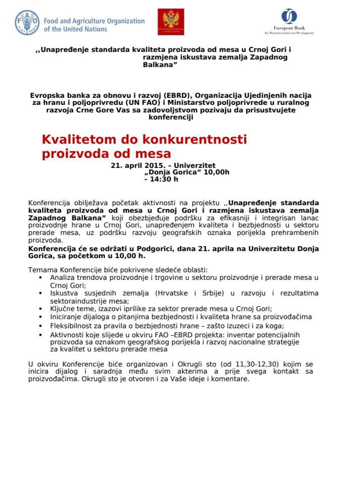 Poziv, Konferencija Kvalitetom do konkurentnosti proizvoda od mesa 21. april