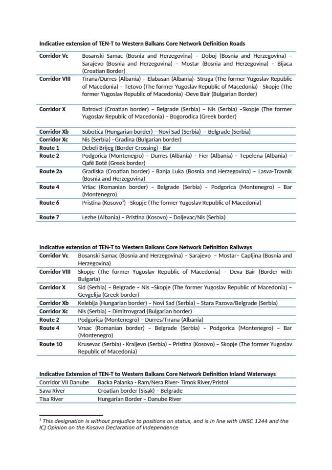 Indicative extension of TEN-T to Western Balkans Core Network Definition Roads