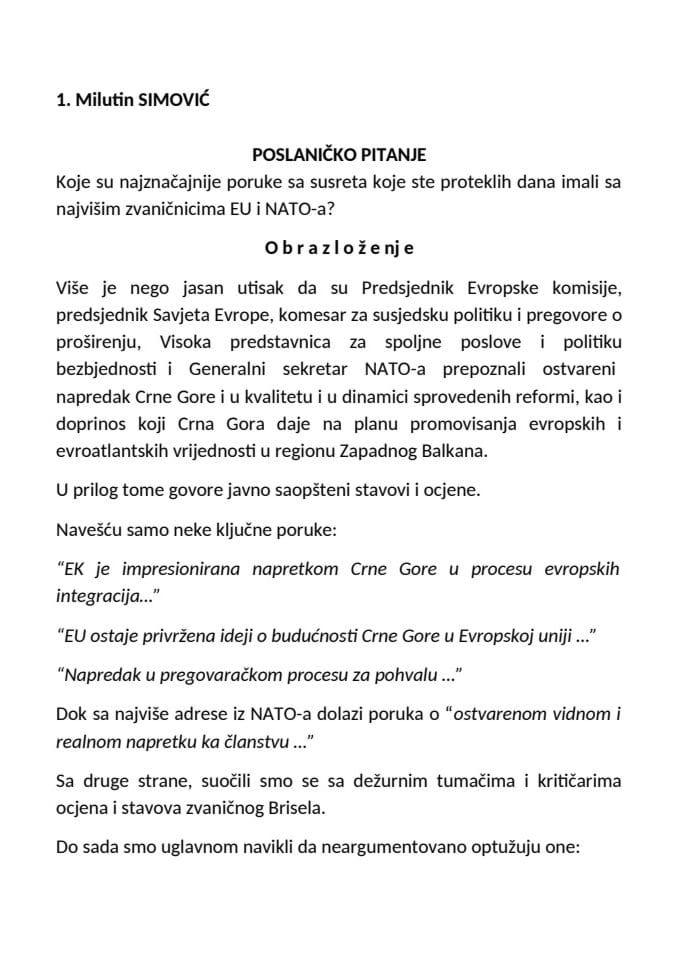 Транскрипт одговора предсједника Владе Мила Ђукановића на посланичка питања у оквиру премијерског сата - 24.04.2015